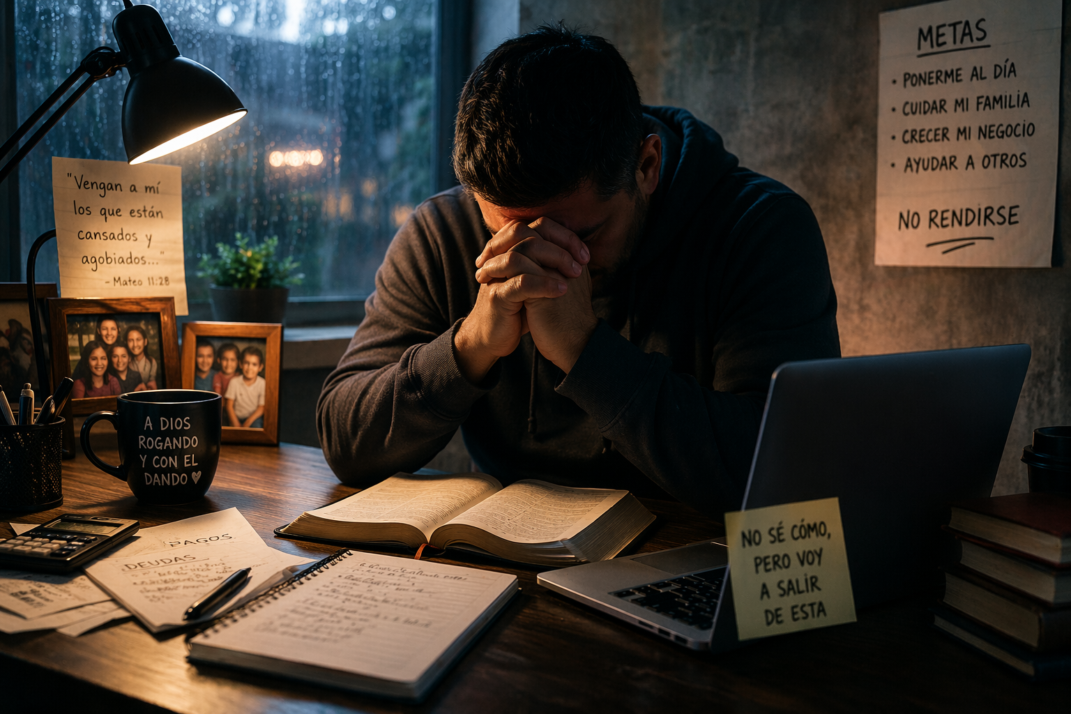 Hombre agotado orando en su escritorio mientras enfrenta dificultades económicas y familiares, aferrado a su fe y esperanza