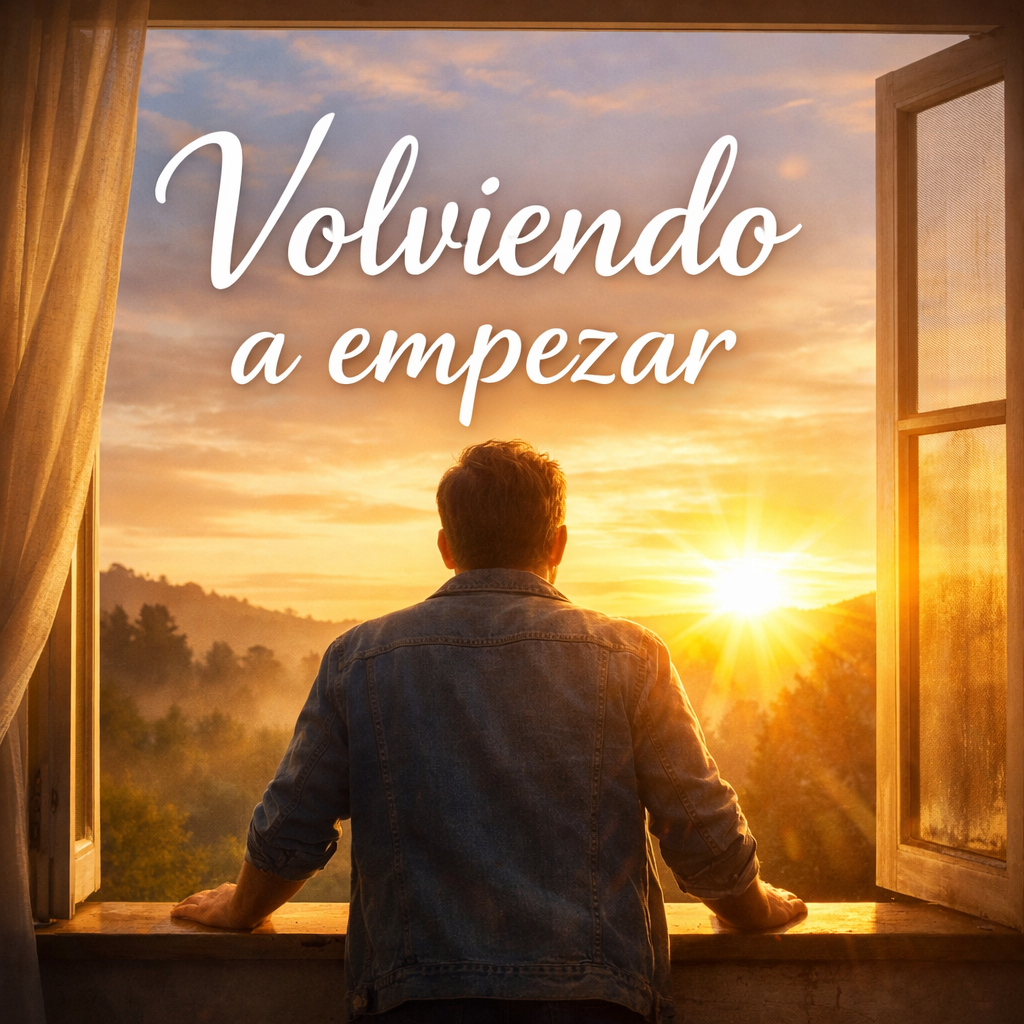 Hombre mirando el amanecer desde una ventana representando un nuevo comienzo y reconstrucción personal